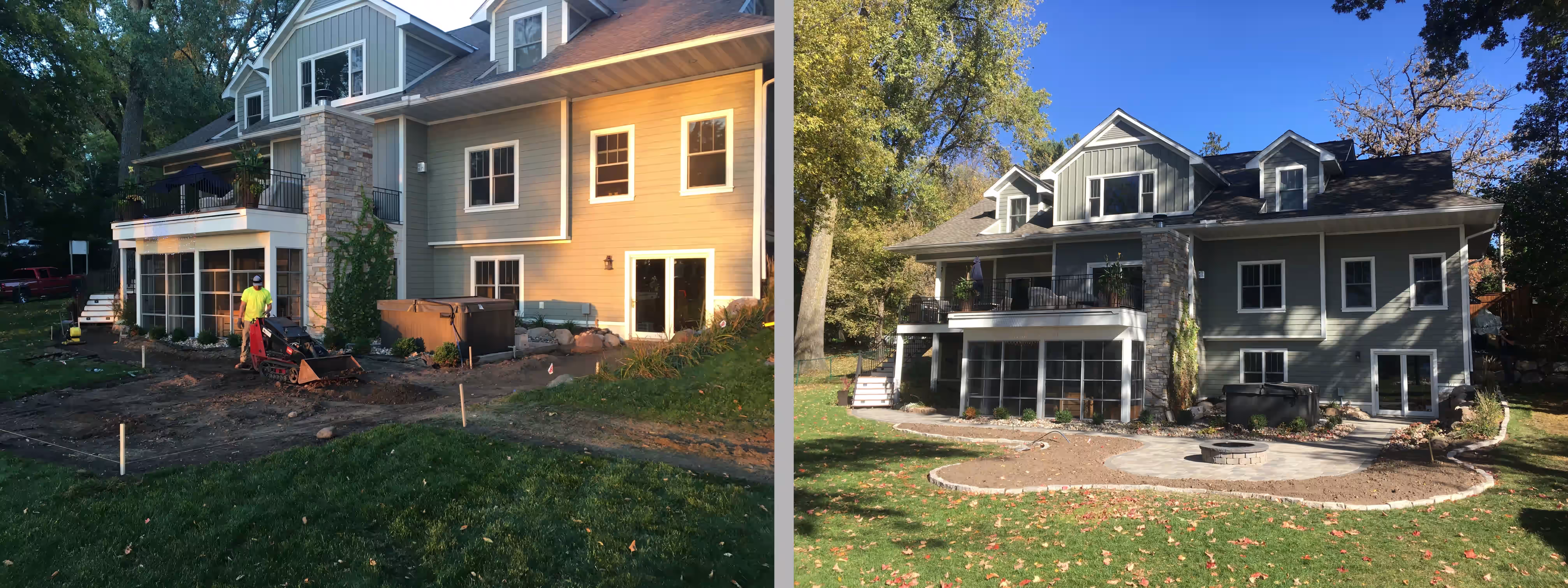 Hardscape features including pavers and stonework